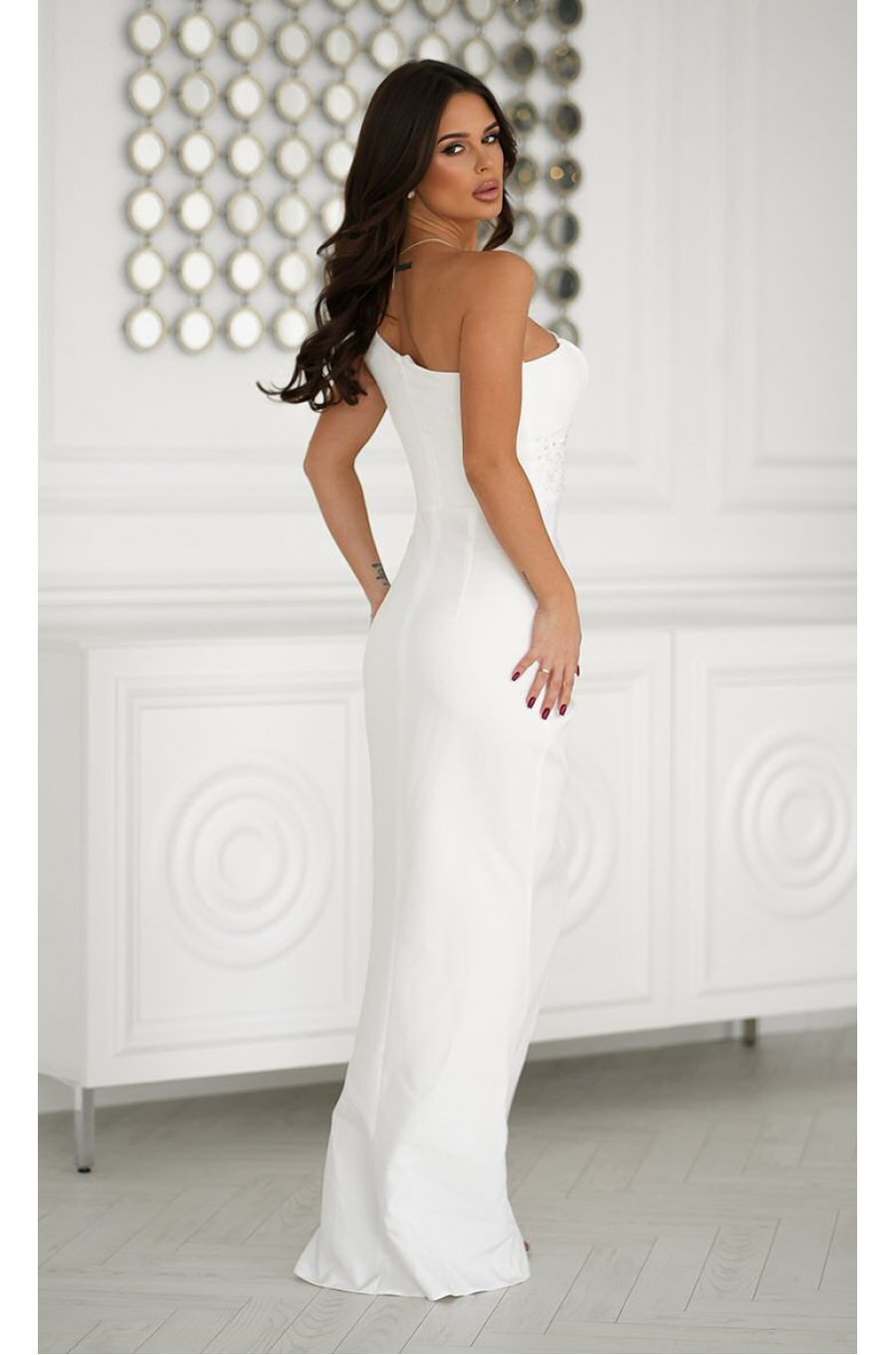 Rochie cununie civila lunga alba cu paiete pe bust Extravaganza 2 - jojofashion.ro