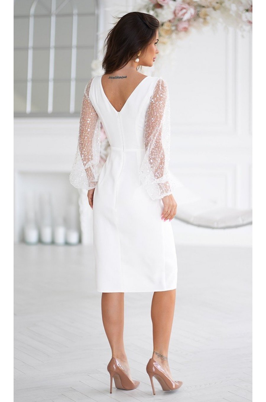 Rochie cununie civila, midi, alba, cu paiete si maneca lunga, petrecuta, Lavish  2 - jojofashion.ro