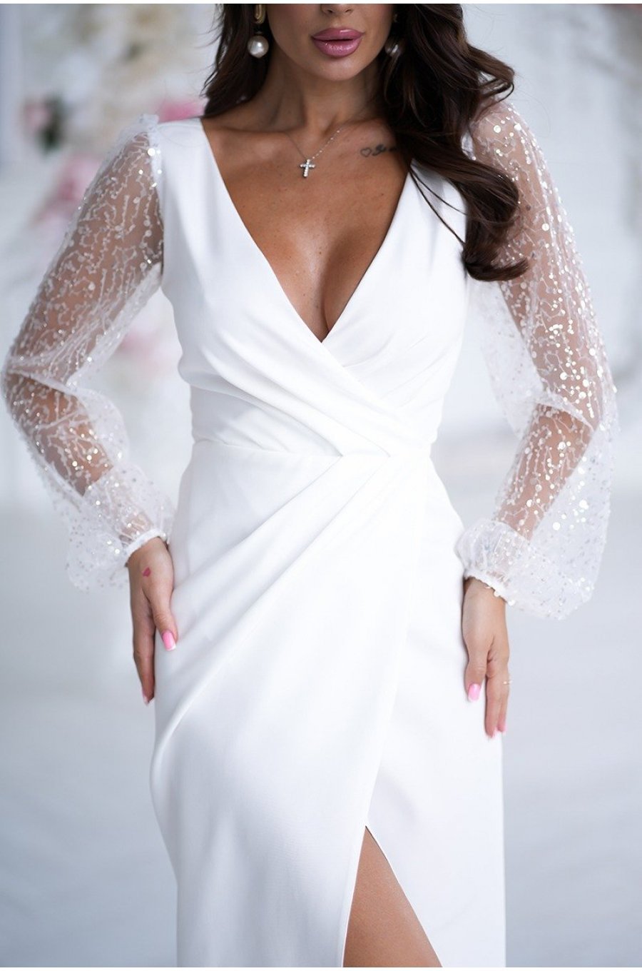 Rochie cununie civila, midi, alba, cu paiete si maneca lunga, petrecuta, Lavish  4 - jojofashion.ro