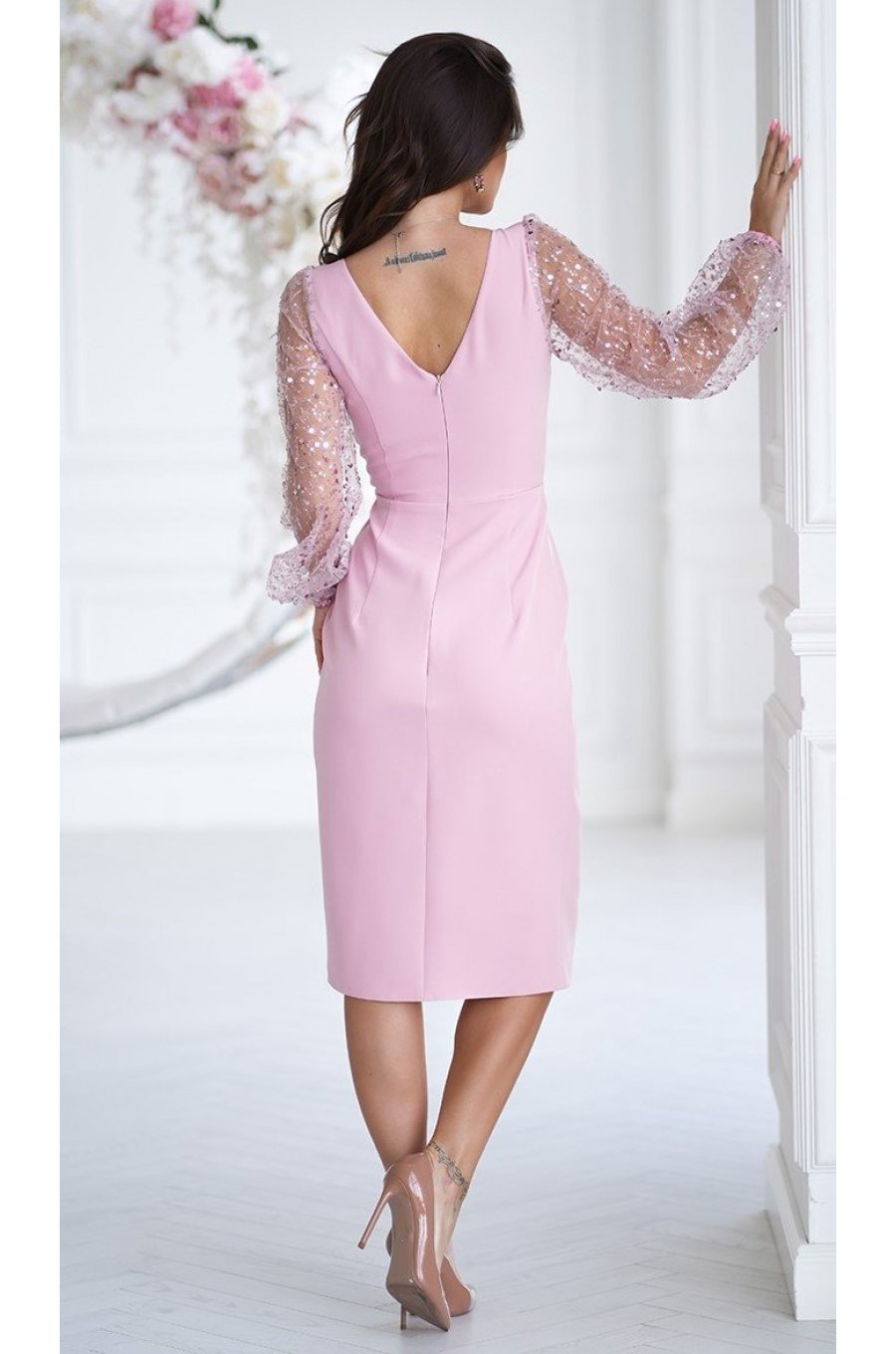 Rochie cununie civila, midi, roz pal, cu paiete si maneca lunga, petrecuta, Lavish  2 - jojofashion.ro