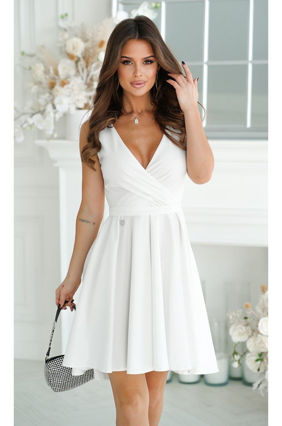 Rochie cununie civila scurta, alba, din brocard, babydoll, petrecuta, Andressa  1 - jojofashion.ro