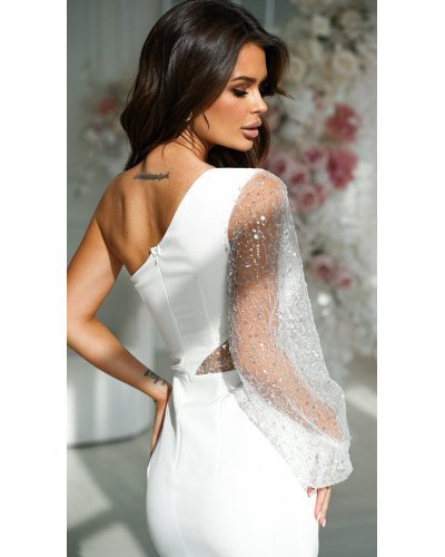 Rochie cununie civila scurta, cu paiete, alba, cu maneca lunga si un umar gol, Seduction Rochii, Rochie cununie civila scurta, cu paiete, alba, cu maneca lunga si un umar gol, Seduction - jojofashion.ro