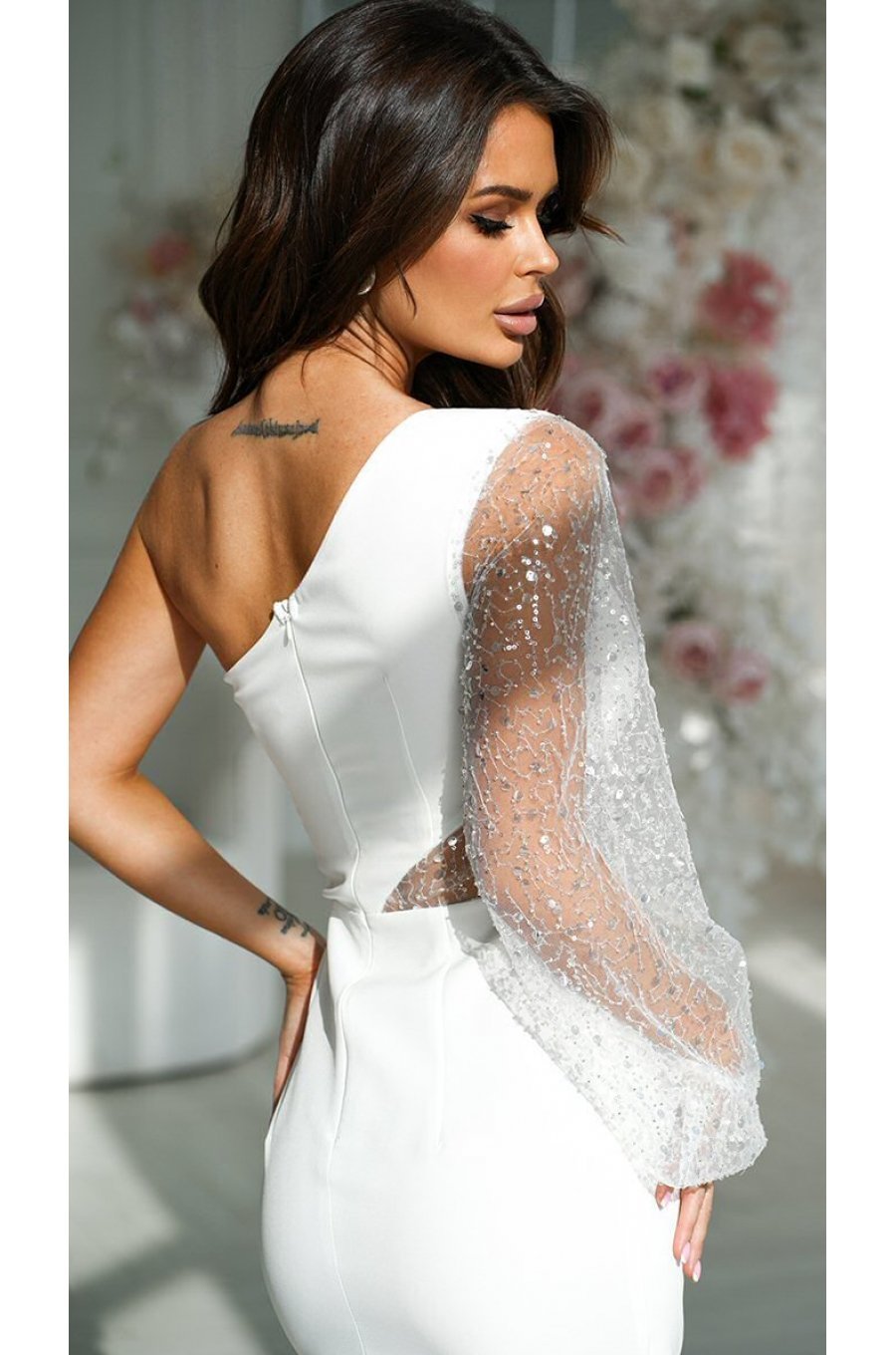 Rochie cununie civila scurta, cu paiete, alba, cu maneca lunga si un umar gol, Seduction 2 - jojofashion.ro