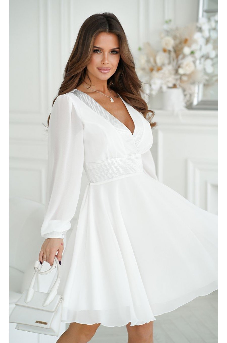 Rochie cununie civila scurta, din vascoza, alba, cu maneca lunga, vaporoasa, Hermosa 4 - jojofashion.ro
