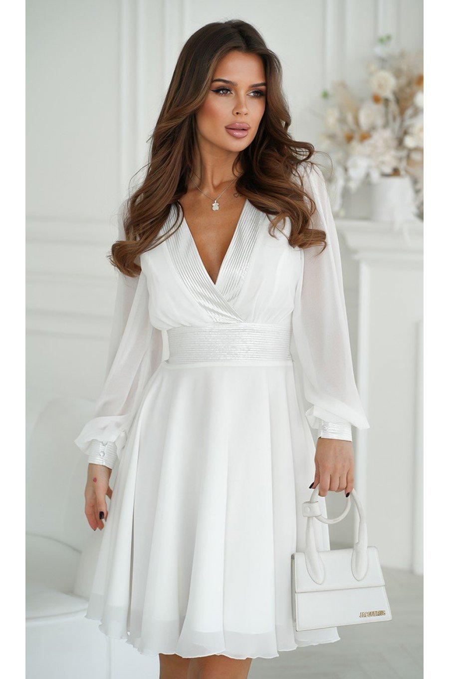 Rochie cununie civila scurta, din vascoza, alba, cu maneca lunga, vaporoasa, Hermosa 5 - jojofashion.ro