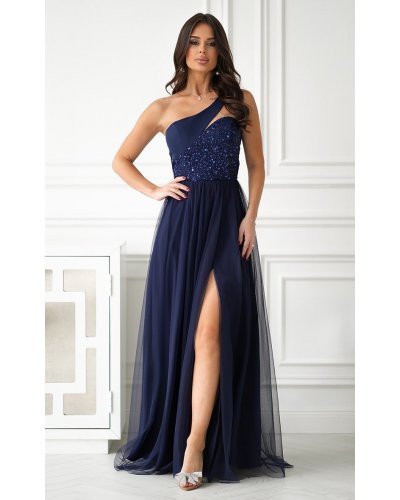 Rochie de banchet lunga bleumarin navy cu tulle si paiete Louanna Rochii lungi, Rochie de banchet lunga bleumarin navy cu tulle si paiete Louanna - jojofashion.ro