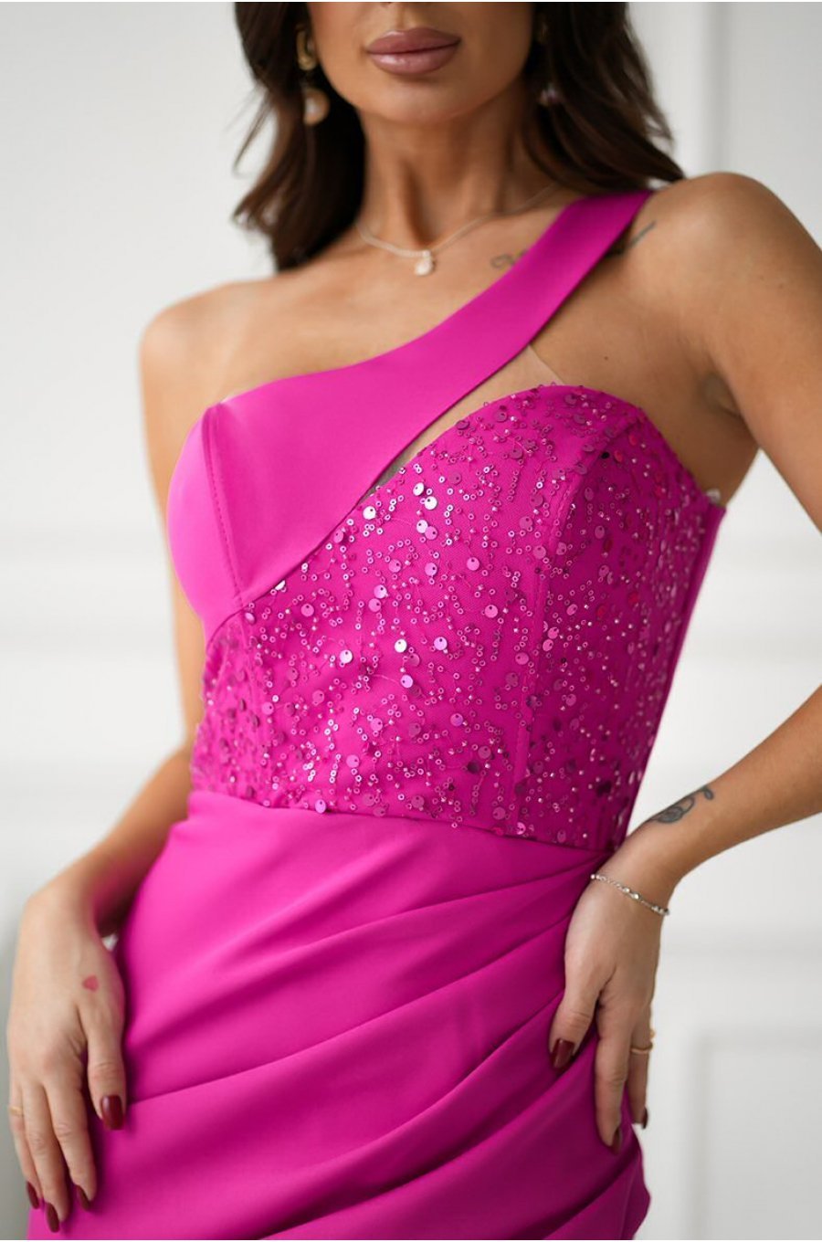 Rochie de banchet lunga roz fucsia cu paiete pe bust Extravaganza 3 - jojofashion.ro