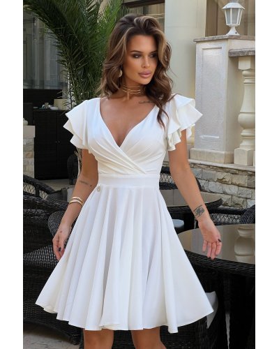 Rochie cununie civila, baby doll, din vascoza, alba, in clos, cu volane la maneca, Everly - jojofashion.ro