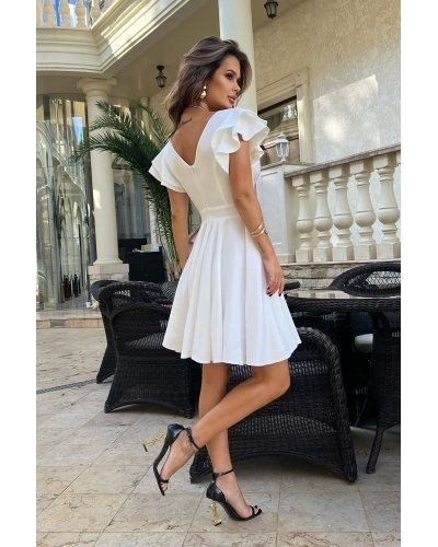 Rochie cununie civila, baby doll, din vascoza, alba, in clos, cu volane la maneca, Everly - jojofashion.ro