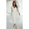 Rochie cununie civila midi, din tul cu glitter, alba, evazata, cu maneca lunga, Petra