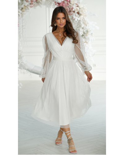 Rochie cununie civila midi, din tul cu glitter, alba, evazata, cu maneca lunga, Petra Rochii vaporoase, Rochie cununie civila midi, din tul cu glitter, alba, evazata, cu maneca lunga, Petra - jojofashion.ro