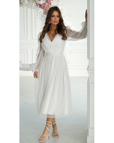 Rochie cununie civila midi, din tul cu glitter, alba, evazata, cu maneca lunga, Petra Rochii vaporoase, Rochie cununie civila midi, din tul cu glitter, alba, evazata, cu maneca lunga, Petra - jojofashion.ro