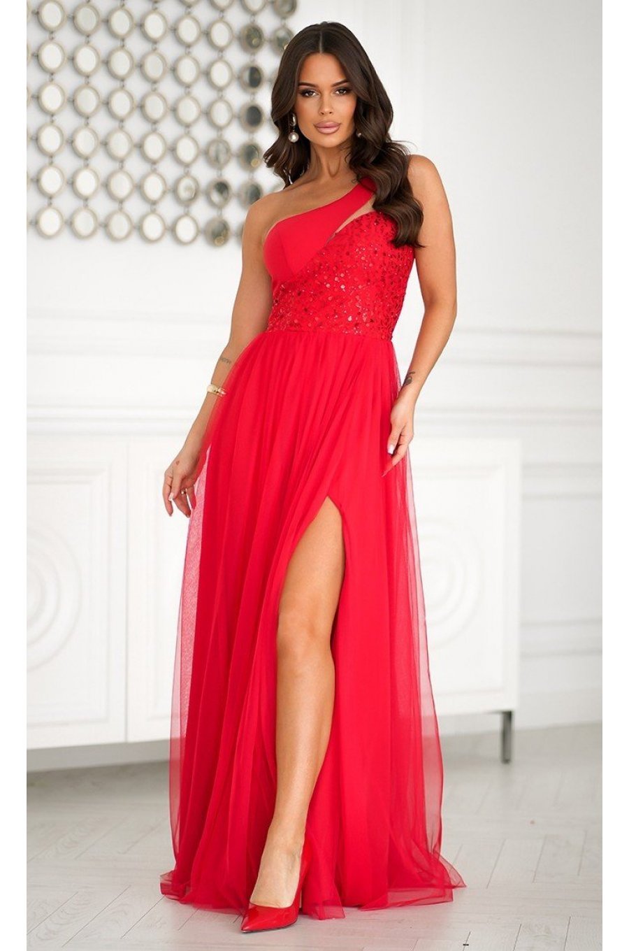 Rochie de nasa lunga rosie cu tulle si paiete Louanna 3 - jojofashion.ro