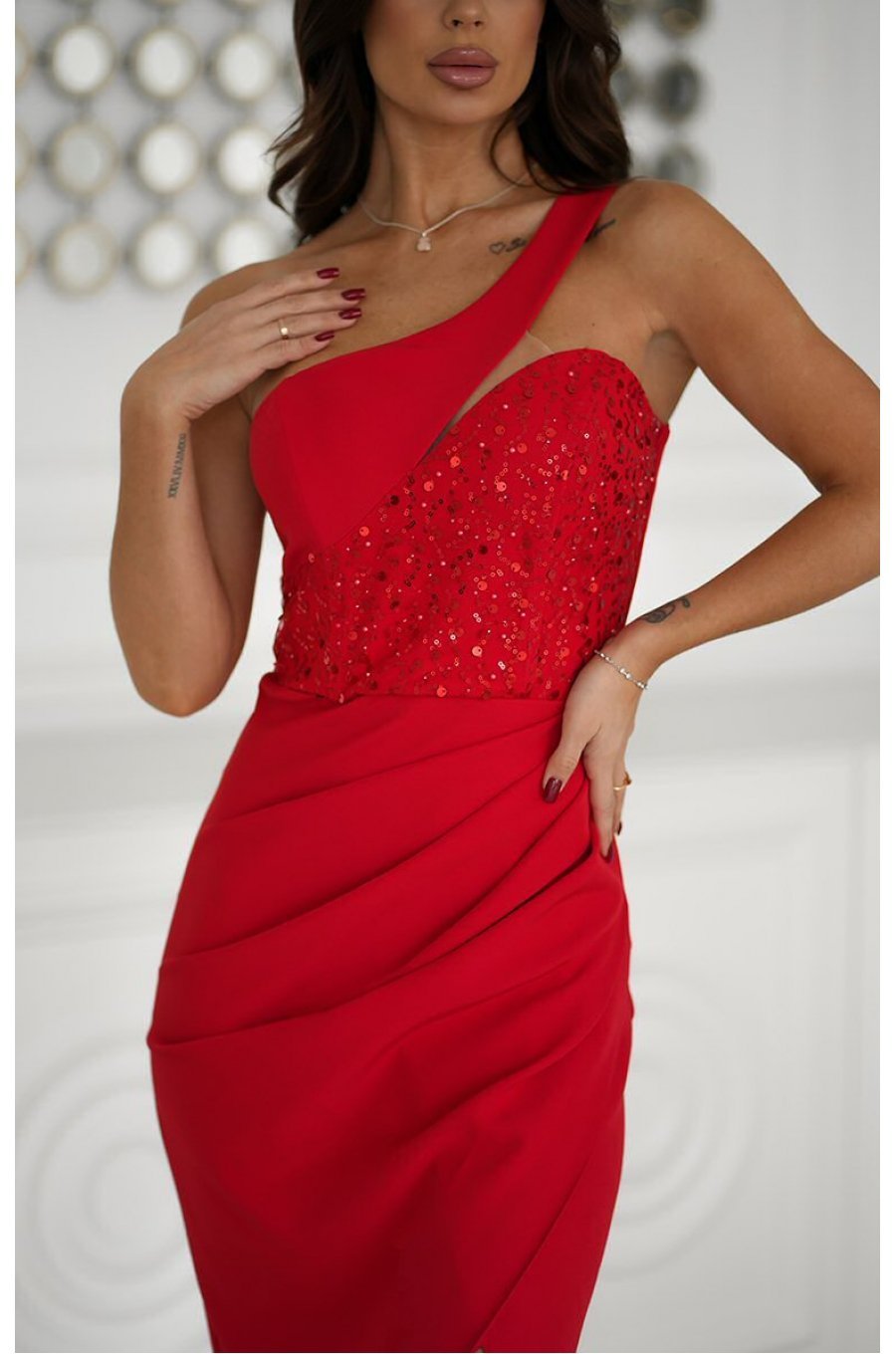 Rochie de nasa lunga rosie cu paiete pe bust Extravaganza 4 - jojofashion.ro