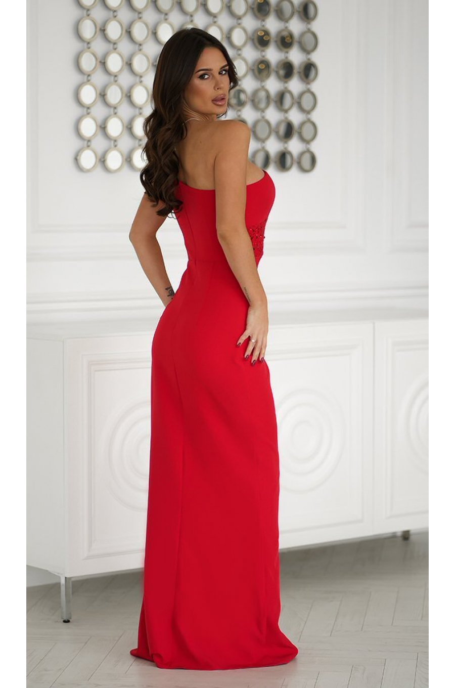 Rochie de nasa lunga rosie cu paiete pe bust Extravaganza 2 - jojofashion.ro