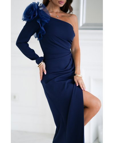 Rochie de nunta eleganta bleumarin cu floare pe umar cu maneca lunga Charming Rochii lungi, Rochie de nunta eleganta bleumarin cu floare pe umar cu maneca lunga Charming - jojofashion.ro