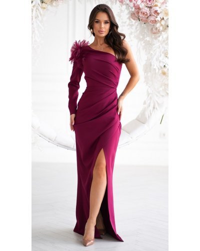 Rochie de nunta eleganta burgundy cu floare pe umar cu maneca lunga Charming  Rochii lungi, Rochie de nunta eleganta burgundy cu floare pe umar cu maneca lunga Charming  - jojofashion.ro