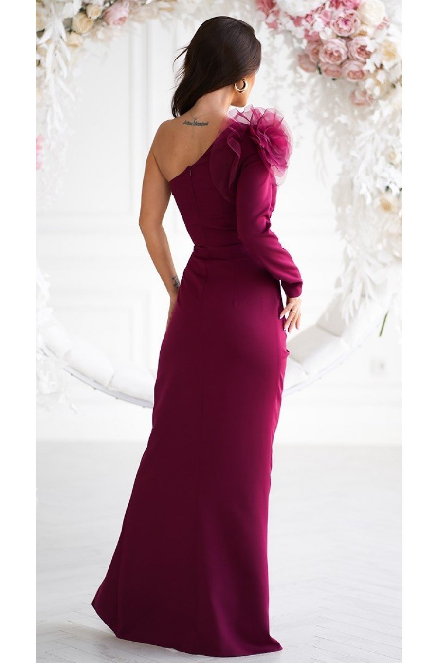 Rochie de nunta eleganta burgundy cu floare pe umar cu maneca lunga Charming  2 - jojofashion.ro