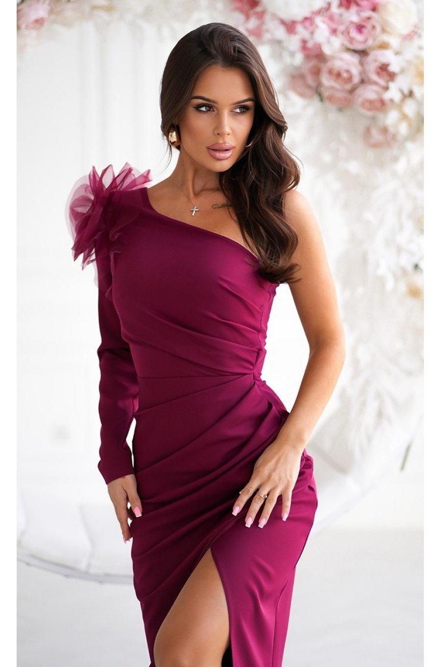 Rochie de nunta eleganta burgundy cu floare pe umar cu maneca lunga Charming  5 - jojofashion.ro