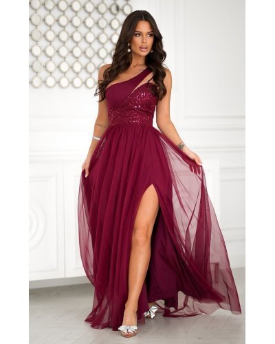 Rochie de nunta lunga burgundy cu tulle si paiete Louanna Rochii lungi, Rochie de nunta lunga burgundy cu tulle si paiete Louanna - jojofashion.ro