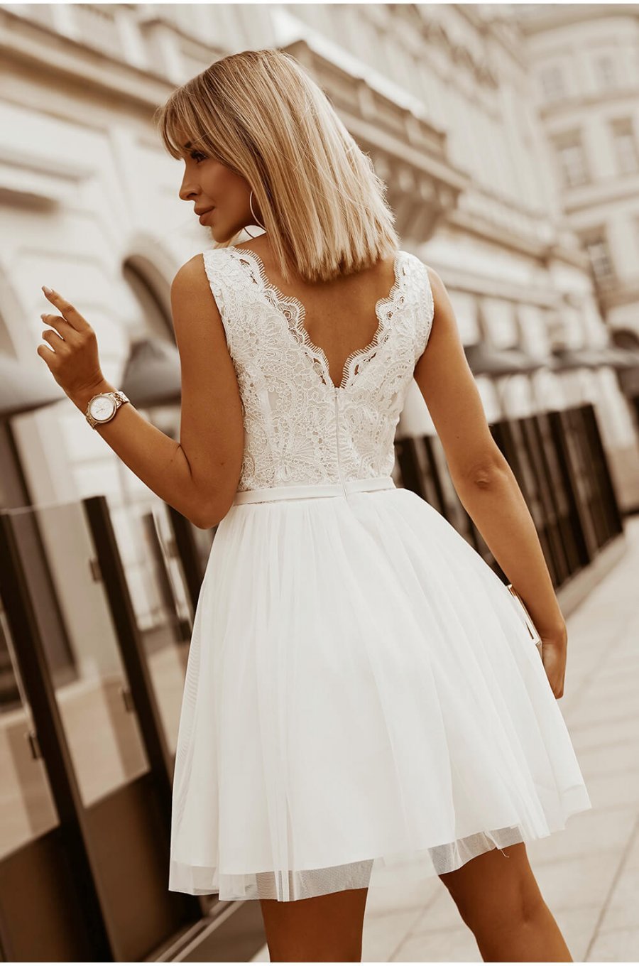Rochie cununie civila midi, din tul si broderie, alba, Ecaterina 8 - jojofashion.ro
