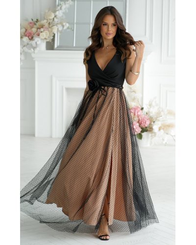 Rochie lunga eleganta din tulle bej cu bulinute cu floare neagra Dyandra Rochii lungi, Rochie lunga eleganta din tulle bej cu bulinute cu floare neagra Dyandra - jojofashion.ro