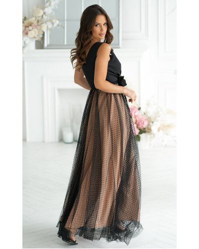 Rochie lunga eleganta din tulle bej cu bulinute cu floare neagra Dyandra Rochii lungi, Rochie lunga eleganta din tulle bej cu bulinute cu floare neagra Dyandra - jojofashion.ro