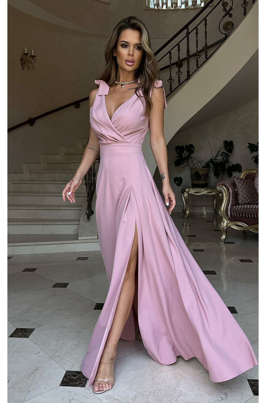 Rochie de ocazie eleganta lunga din vascoza roz prafuit petrecuta Andra 1 - jojofashion.ro