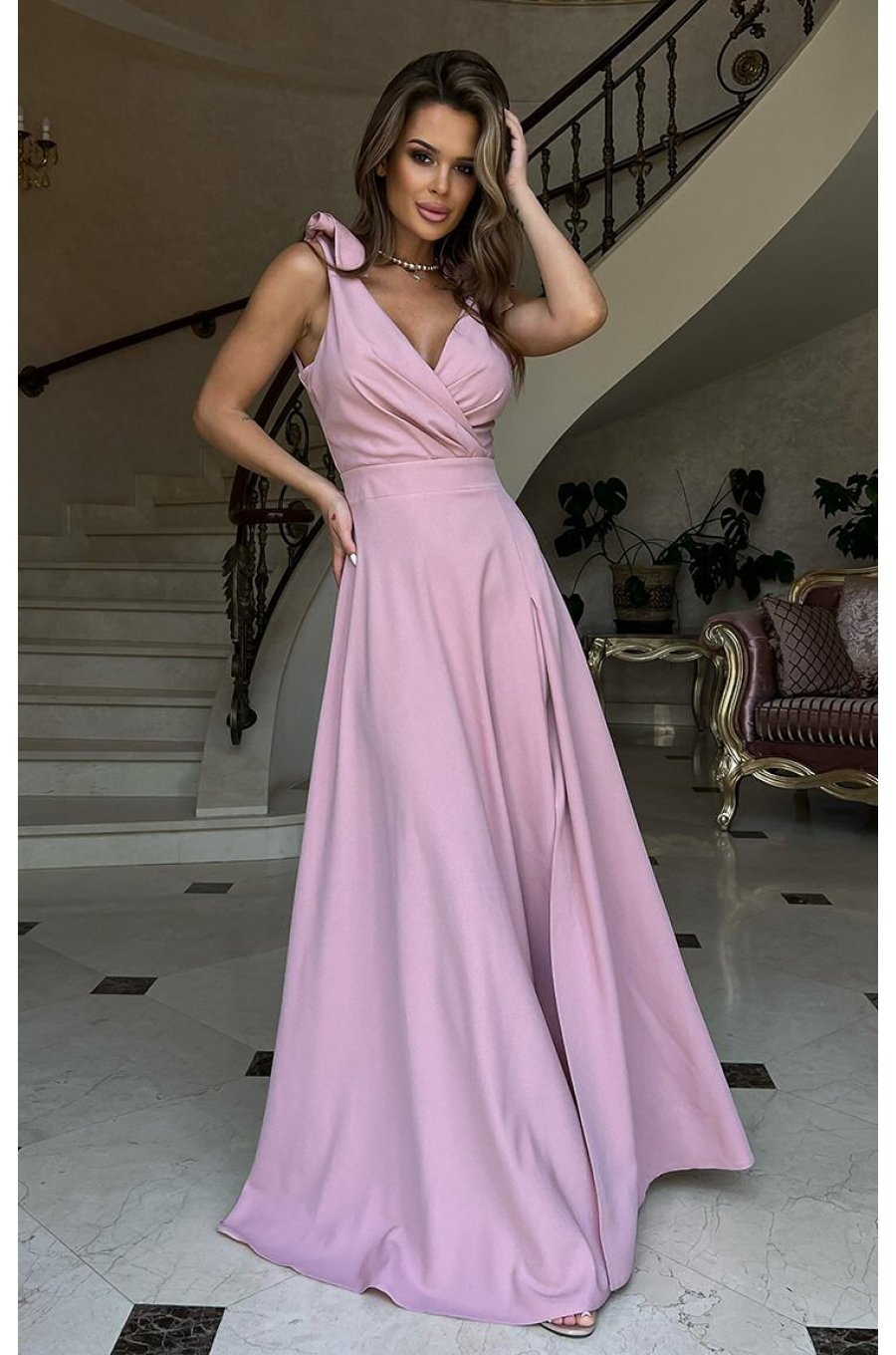 Rochie de ocazie eleganta lunga din vascoza roz prafuit petrecuta Andra 2 - jojofashion.ro