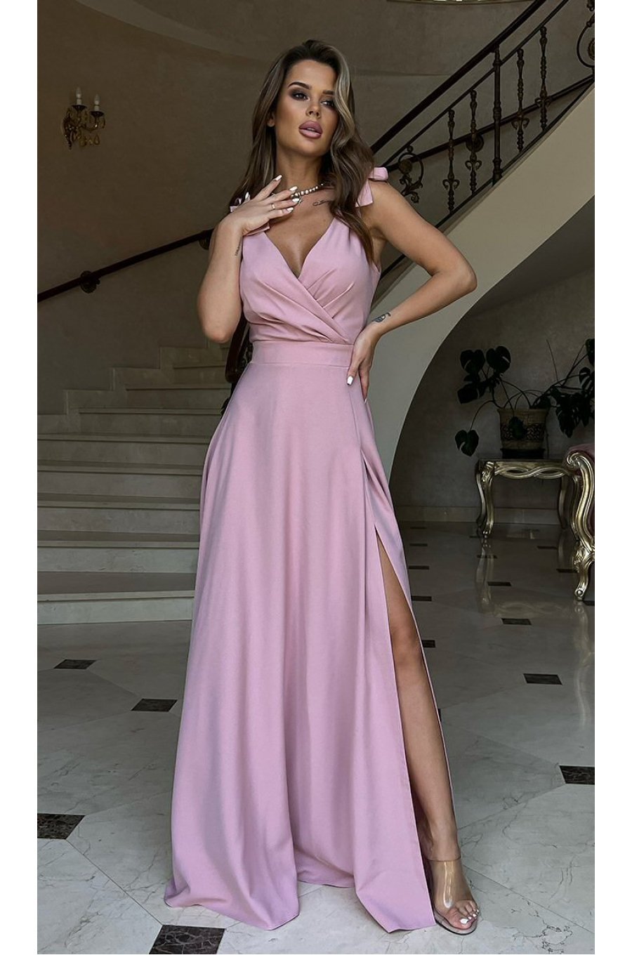 Rochie de ocazie eleganta lunga din vascoza roz prafuit petrecuta Andra 5 - jojofashion.ro