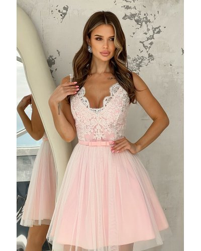 Rochie scurta roz pastel din tul si broderie Ecaterina Rochii scurte, Rochie scurta roz pastel din tul si broderie Ecaterina - jojofashion.ro