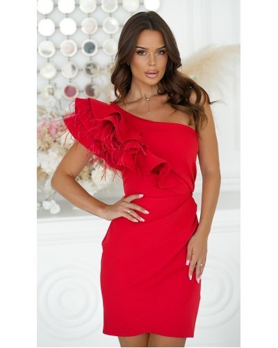 Rochie scurta eleganta rosie cu un umar gol cu volan si pene Sophia Rochii scurte, Rochie scurta eleganta rosie cu un umar gol cu volan si pene Sophia - jojofashion.ro