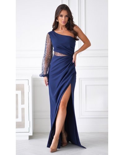 Rochie lunga cu paiete bleumarin cu maneca lunga si un umar gol Temptation Rochii lungi, Rochie lunga cu paiete bleumarin cu maneca lunga si un umar gol Temptation - jojofashion.ro