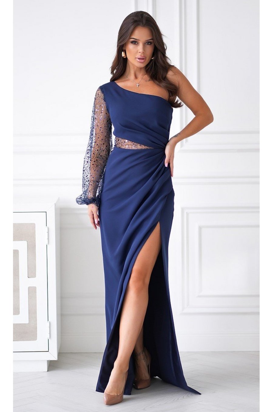 Rochie lunga cu paiete bleumarin cu maneca lunga si un umar gol Temptation 1 - jojofashion.ro