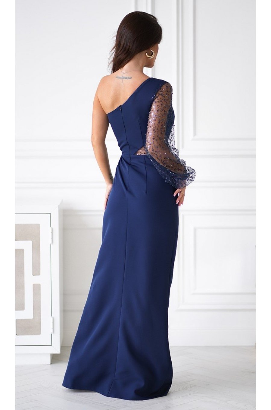Rochie lunga cu paiete bleumarin cu maneca lunga si un umar gol Temptation 2 - jojofashion.ro