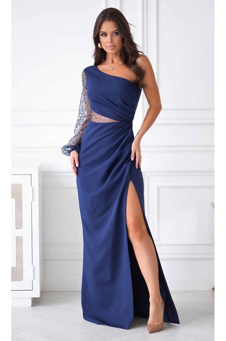 Rochie lunga cu paiete bleumarin cu maneca lunga si un umar gol Temptation 3 - jojofashion.ro