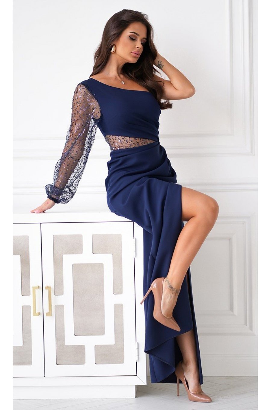 Rochie lunga cu paiete bleumarin cu maneca lunga si un umar gol Temptation 4 - jojofashion.ro