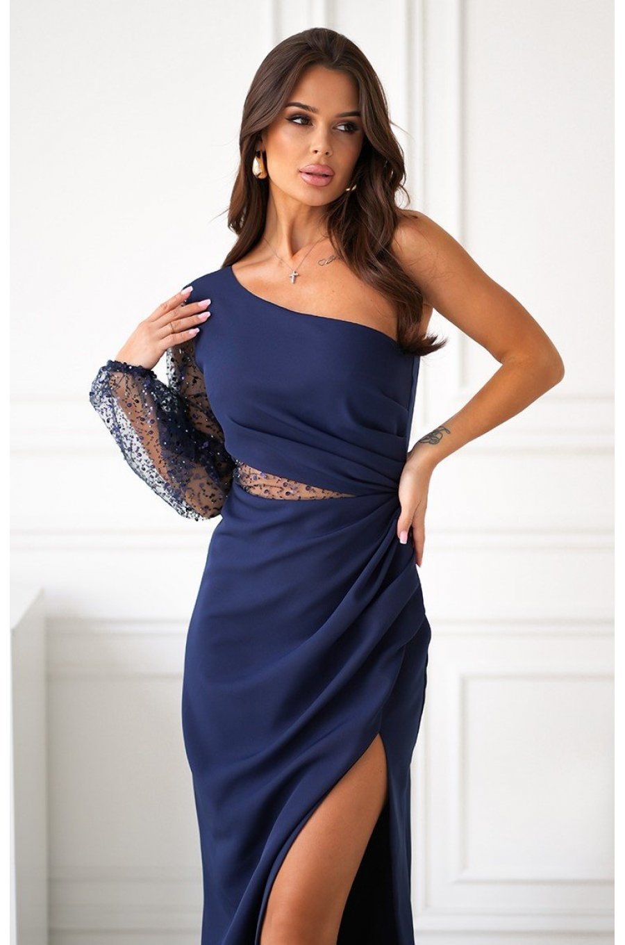 Rochie lunga cu paiete bleumarin cu maneca lunga si un umar gol Temptation 5 - jojofashion.ro