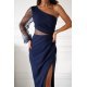 Rochie lunga cu paiete bleumarin cu maneca lunga si un umar gol Temptation 7 - jojofashion.ro