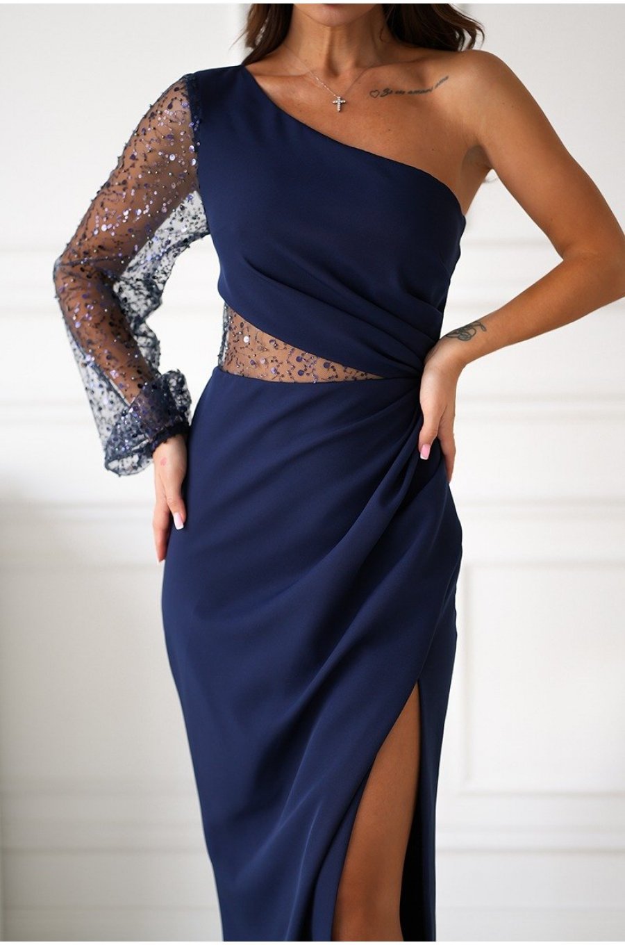 Rochie lunga cu paiete bleumarin cu maneca lunga si un umar gol Temptation 6 - jojofashion.ro