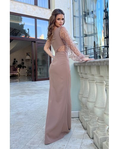 Rochie de ocazie lunga cu paiete cappuccino cu maneca lunga si un umar gol Temptation Rochii lungi, Rochie de ocazie lunga cu paiete cappuccino cu maneca lunga si un umar gol Temptation - jojofashion.ro