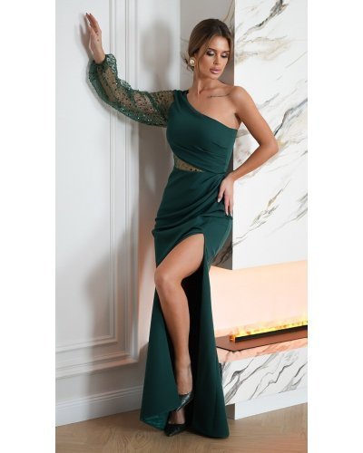 Rochie lunga verde cu paiete cu maneca lunga si un umar gol Temptation Rochii, Rochie lunga verde cu paiete cu maneca lunga si un umar gol Temptation - jojofashion.ro