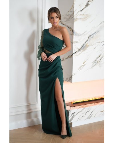 Rochie lunga verde cu paiete cu maneca lunga si un umar gol Temptation Rochii, Rochie lunga verde cu paiete cu maneca lunga si un umar gol Temptation - jojofashion.ro