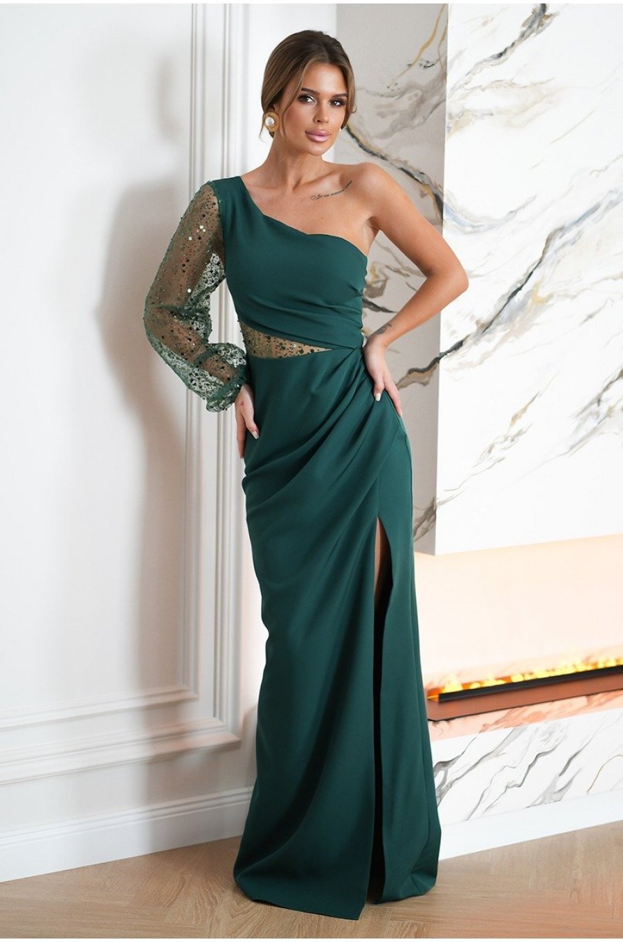 Rochie lunga verde cu paiete cu maneca lunga si un umar gol Temptation 3 - jojofashion.ro