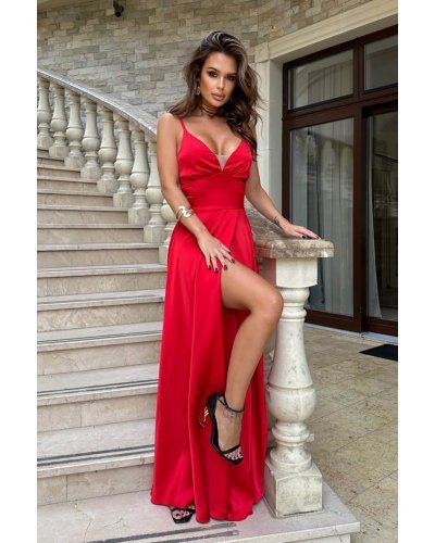 Rochie lunga rosie din satin Aleeza Rochii satin, Rochie lunga rosie din satin Aleeza - jojofashion.ro