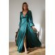 Rochie de ocazie lunga, din satin, verde smarald, cu maneca lunga, crapata pe picior, Natasya 2 - jojofashion.ro