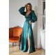 Rochie de ocazie lunga, din satin, verde smarald, cu maneca lunga, crapata pe picior, Natasya 7 - jojofashion.ro