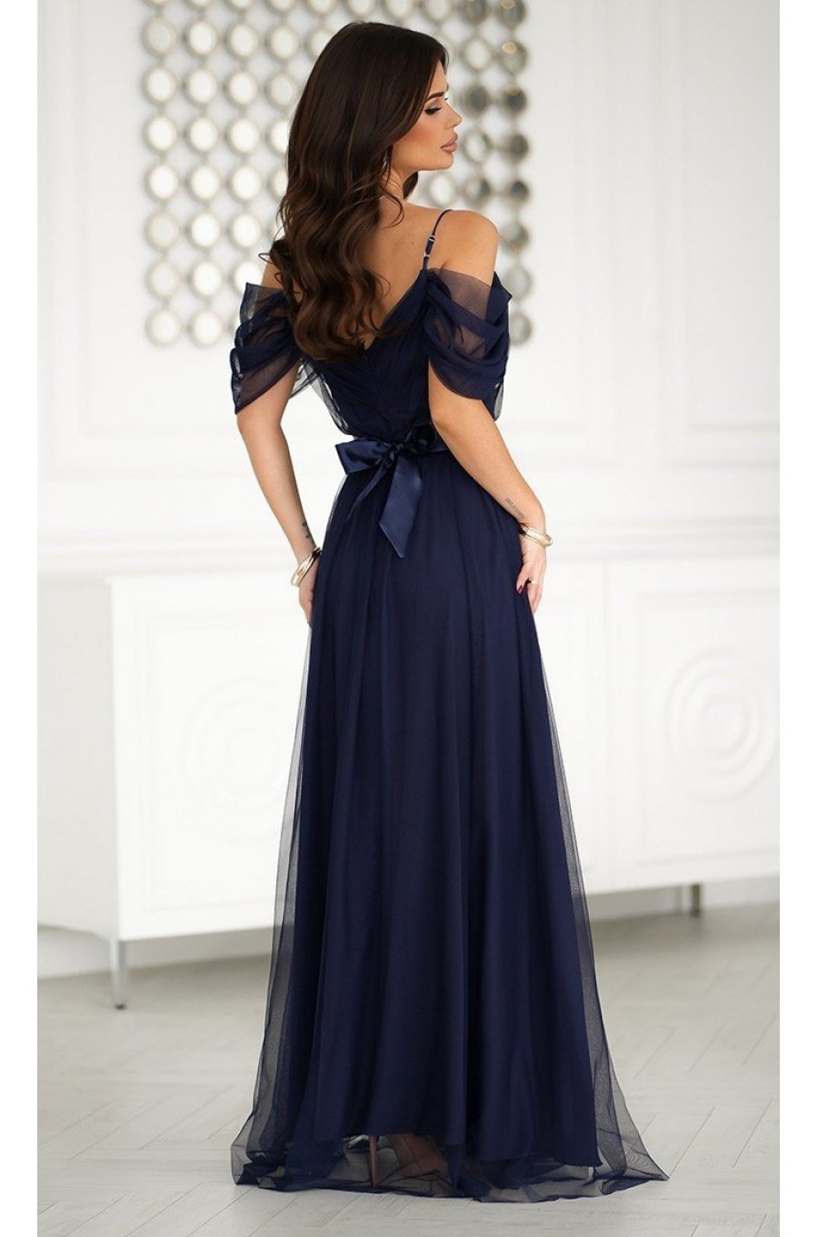Rochie de ocazie lunga din tulle bleumarin navy vaporoasa cu umerii goi FloraY 2 - jojofashion.ro