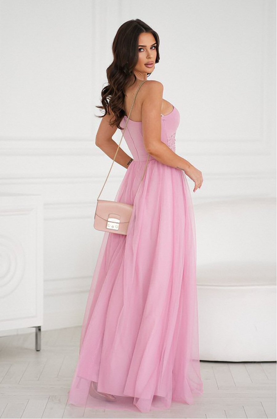 Rochie de ocazie lunga roz pal cu tulle si paiete Louanna 2 - jojofashion.ro