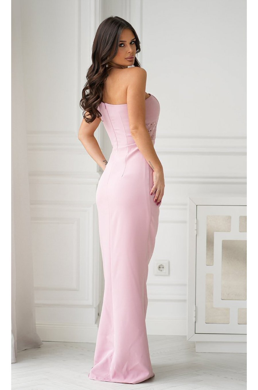 Rochie de ocazie lunga roz pudra cu paiete pe bust Extravaganza 2 - jojofashion.ro